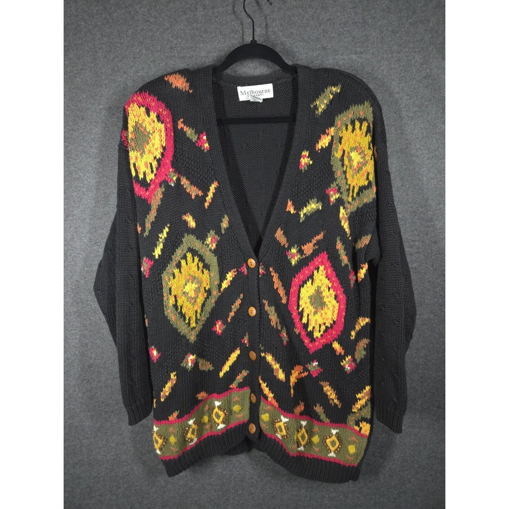 Vtg Melbourne Elements Knit Cardigan‎ Sweater Black Colorful Geometric Size L